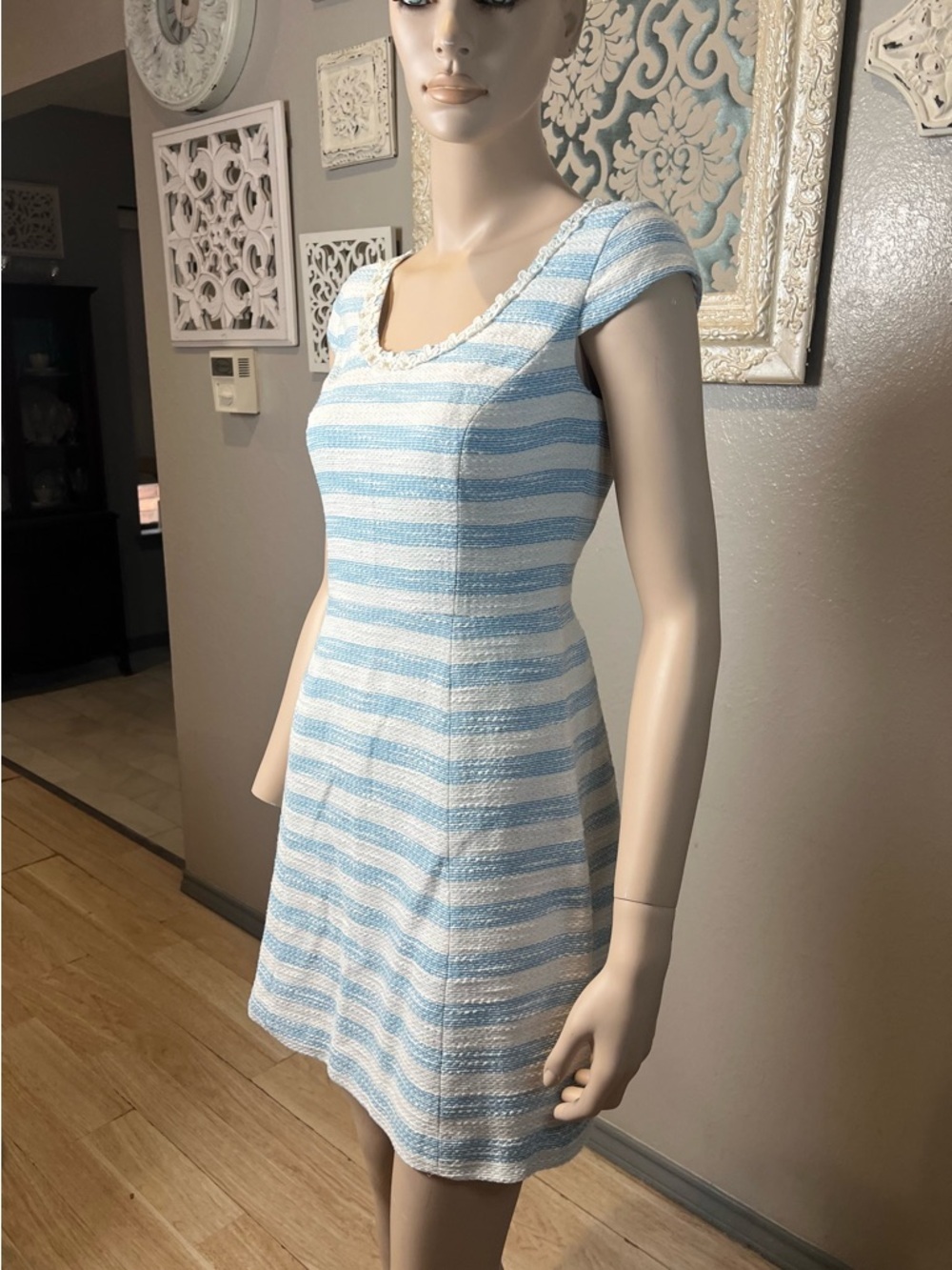 Lilly Pulitzer Light Blue and White Striped Cap-Sleeve Tweed Dress - Picture 7 of 12